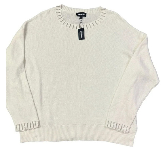 Express Sweater Ivory Rhinestone Embellished Womens L Elegant Jewel Holiday NEW - Picture 1 of 10